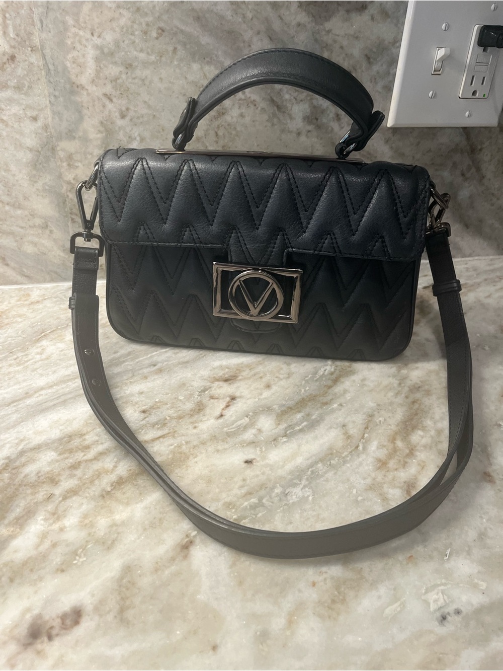 Valentino Black Quilted Top-Handle Satchel with Logo Plaque
